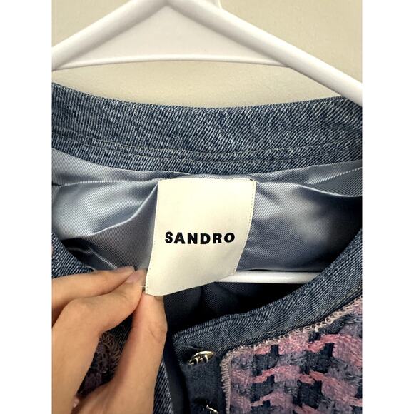 Sandro Multicolor Plaid Tweed Jacket with Denim Trim – Fits Like S/M - Picture 3 of 6